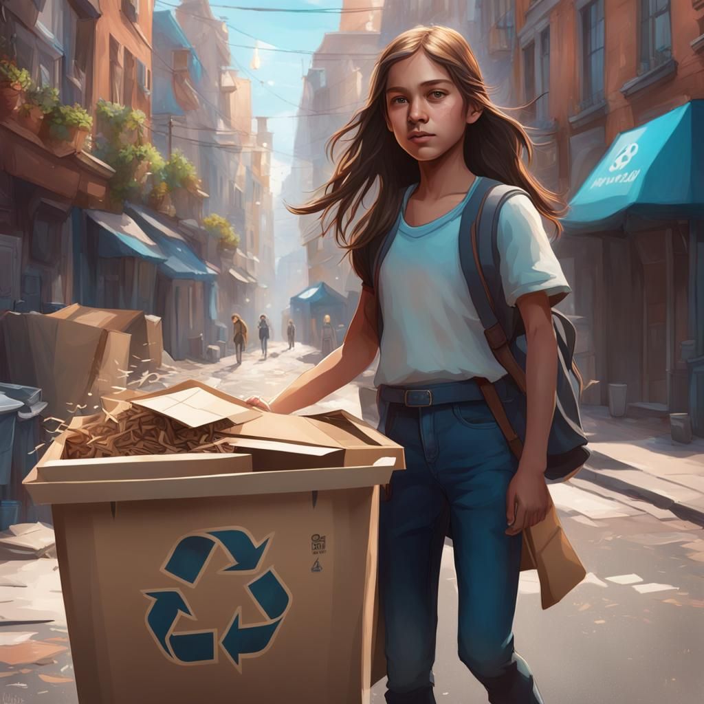 Girl Recycles: Hyperdetailed Portrait in Triadic Colors