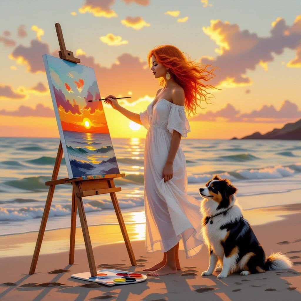 Girl Painting Sunset on Beach in Realistic Style