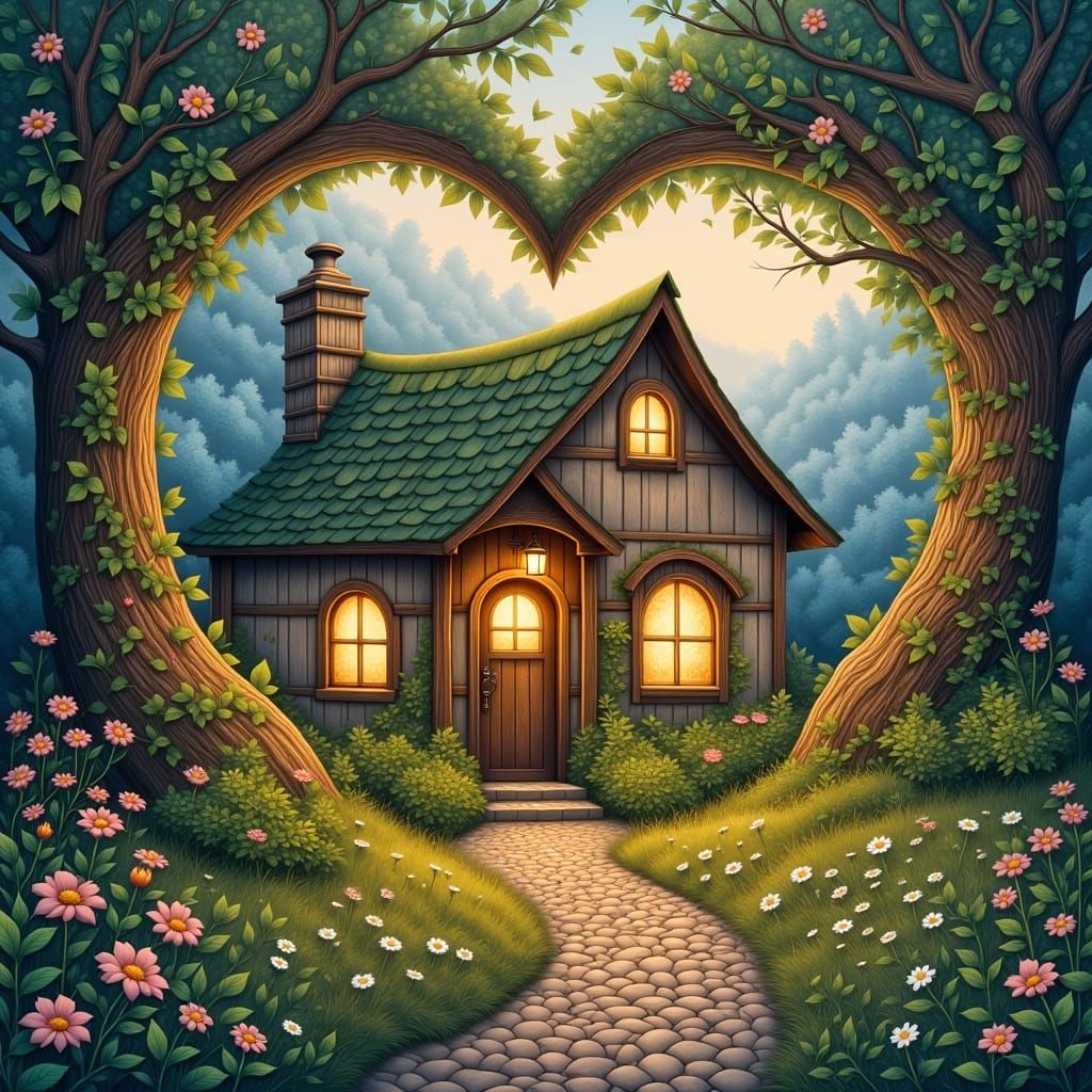 Whimsical Cottage in Dreamlike Twilight Landscape