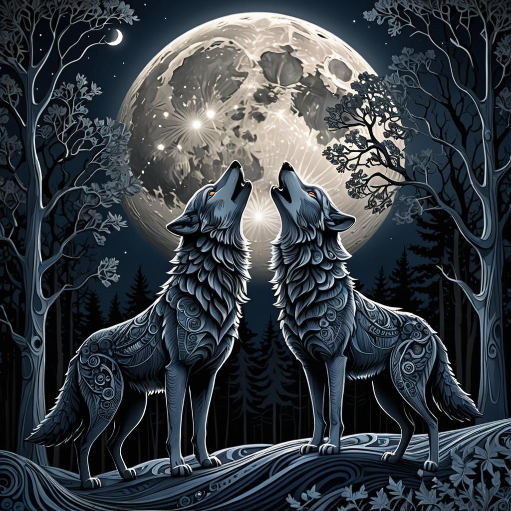 Wolves Howling at Super Moon in Fractal Style