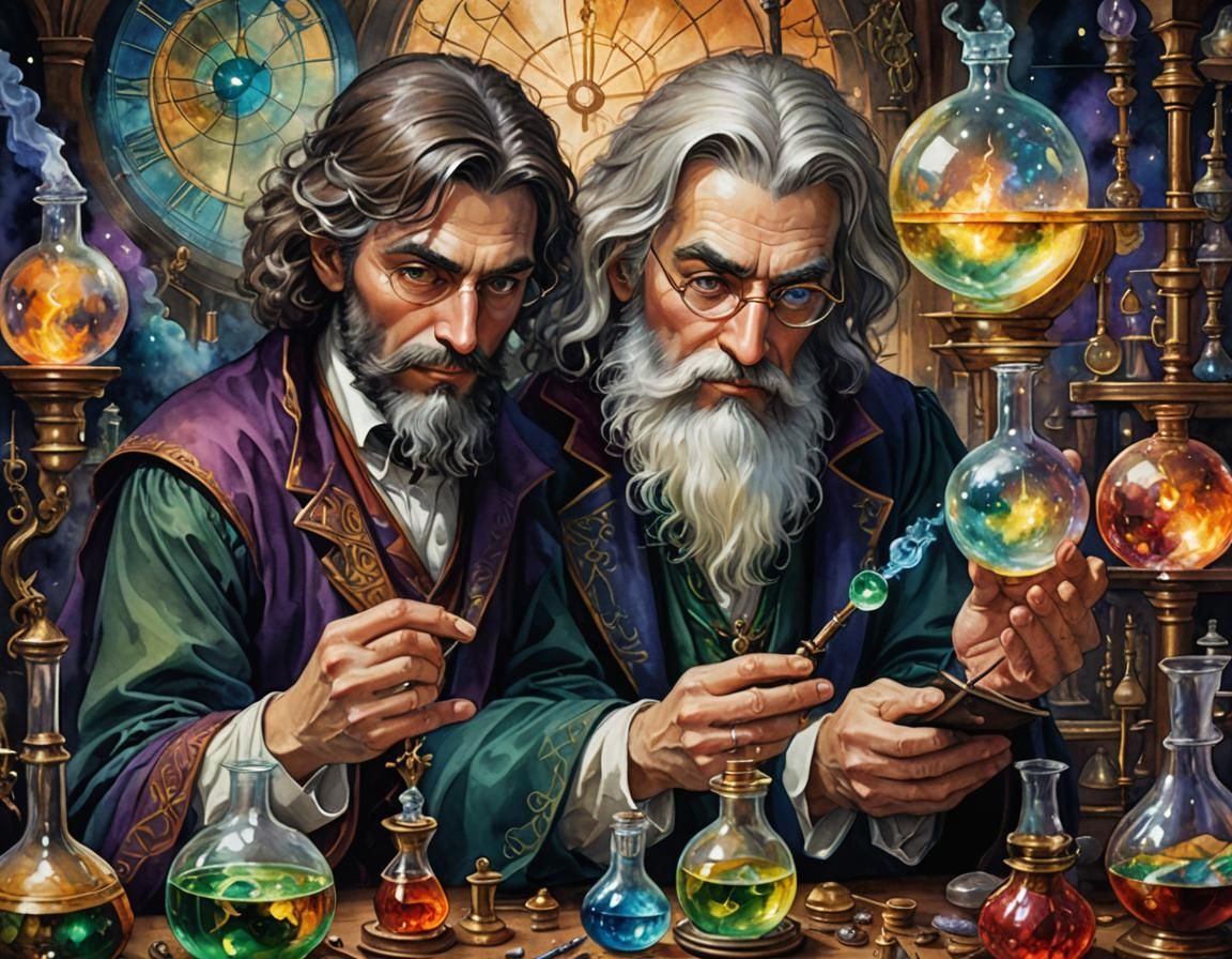 Alchemist in Moody Alchemy Lab: Watercolor Fantasy
