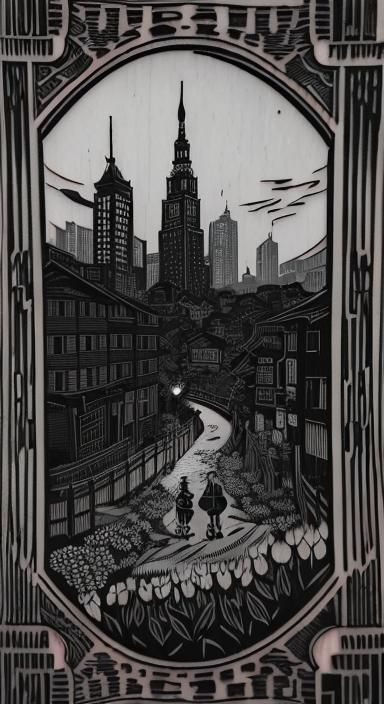 Woodcut Tattoo Style: Monster in Floral Frame