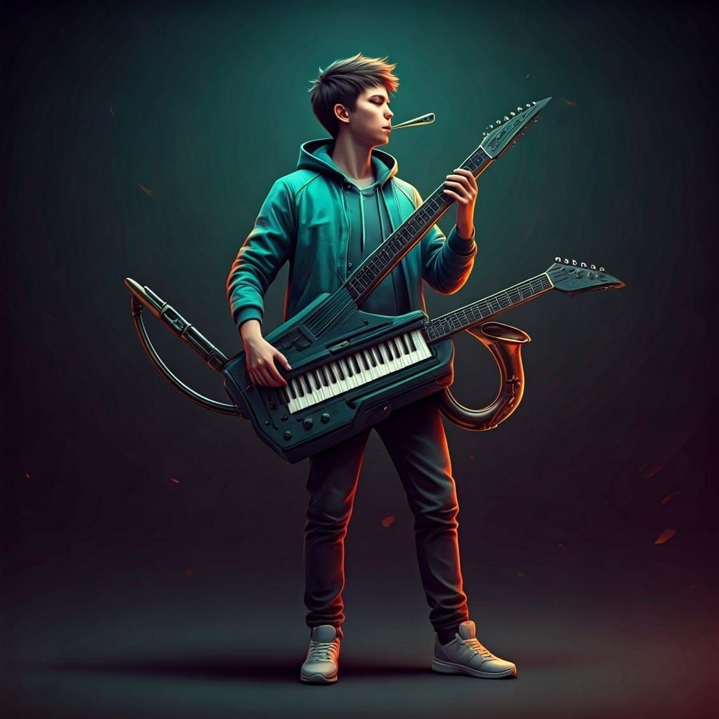 Young Man Plays Futuristic Cyberpunk Instrument