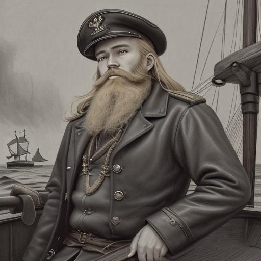 Blond Sea Captain on Ship: Charcoal Drawing
