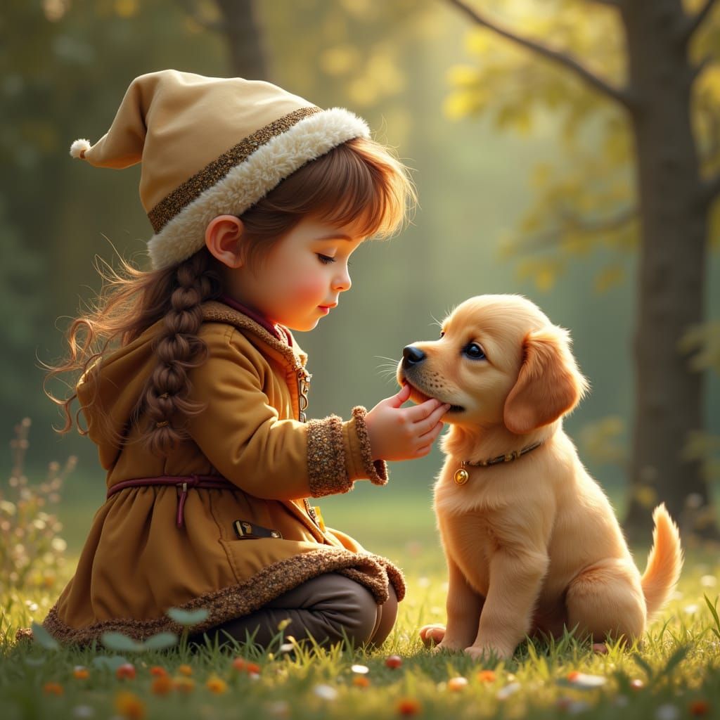 Girl petting a golden retriever puppy