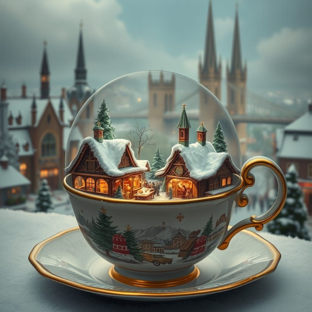 Christmas Market in Porcelain Cup: Fantasy Concept Art