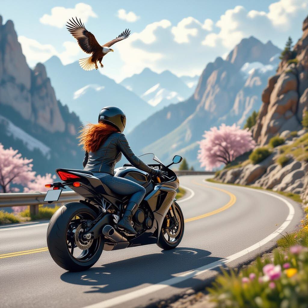 Woman Rides Sport Bike Through Rocky Mountains at Dawn