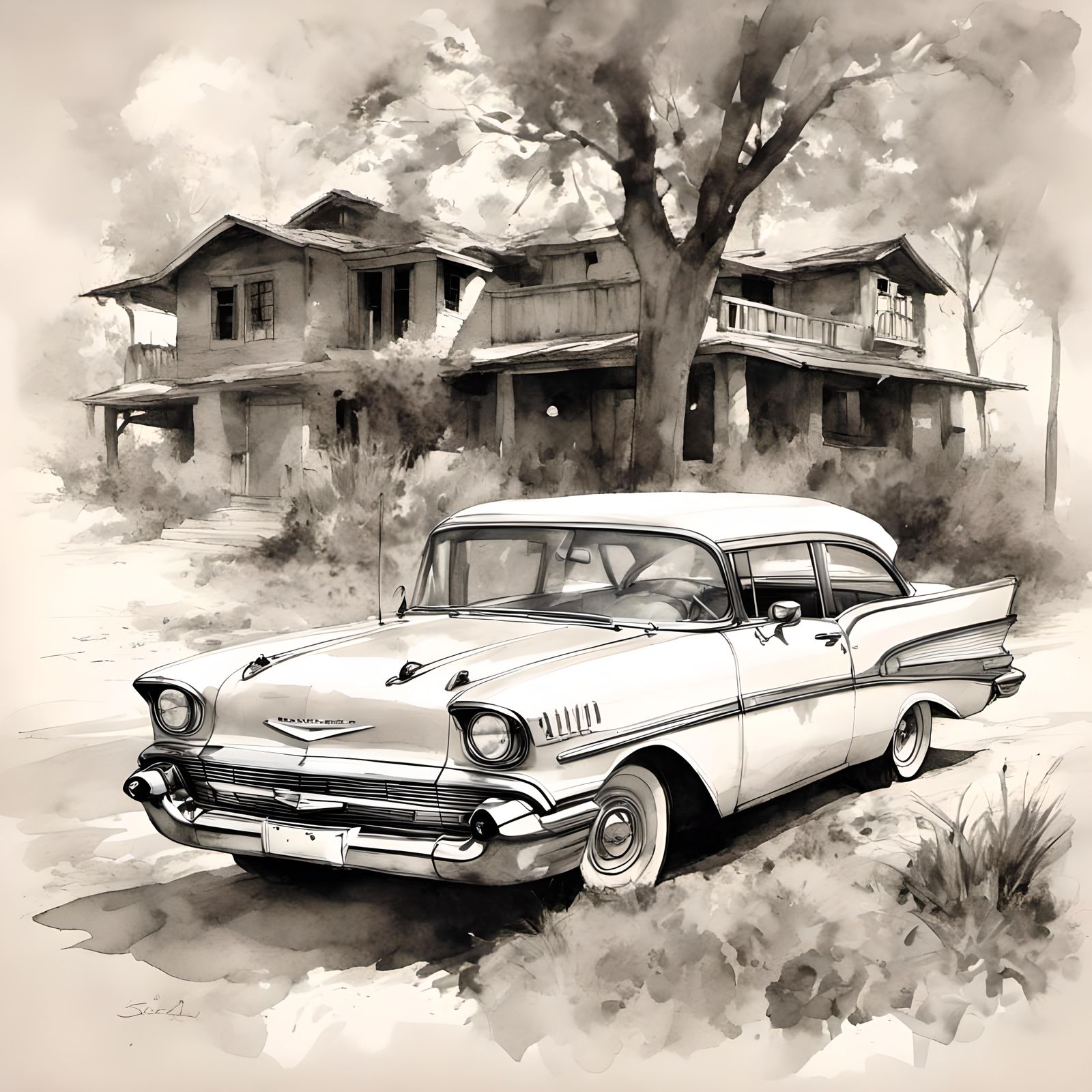 Chibi 1957 Chevy BelAir Illustration in Sketch Style
