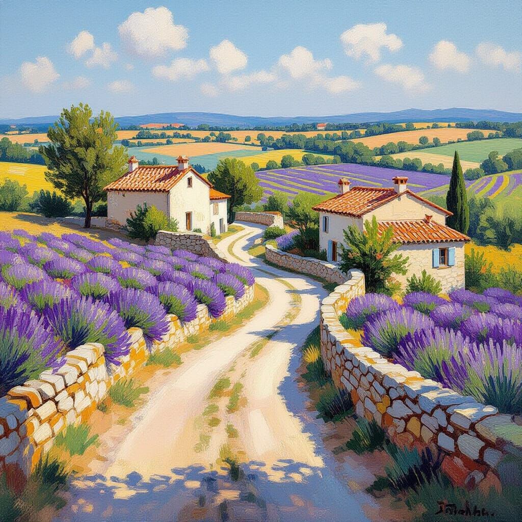 French Countryside Lavender Fields in Impressionist Style