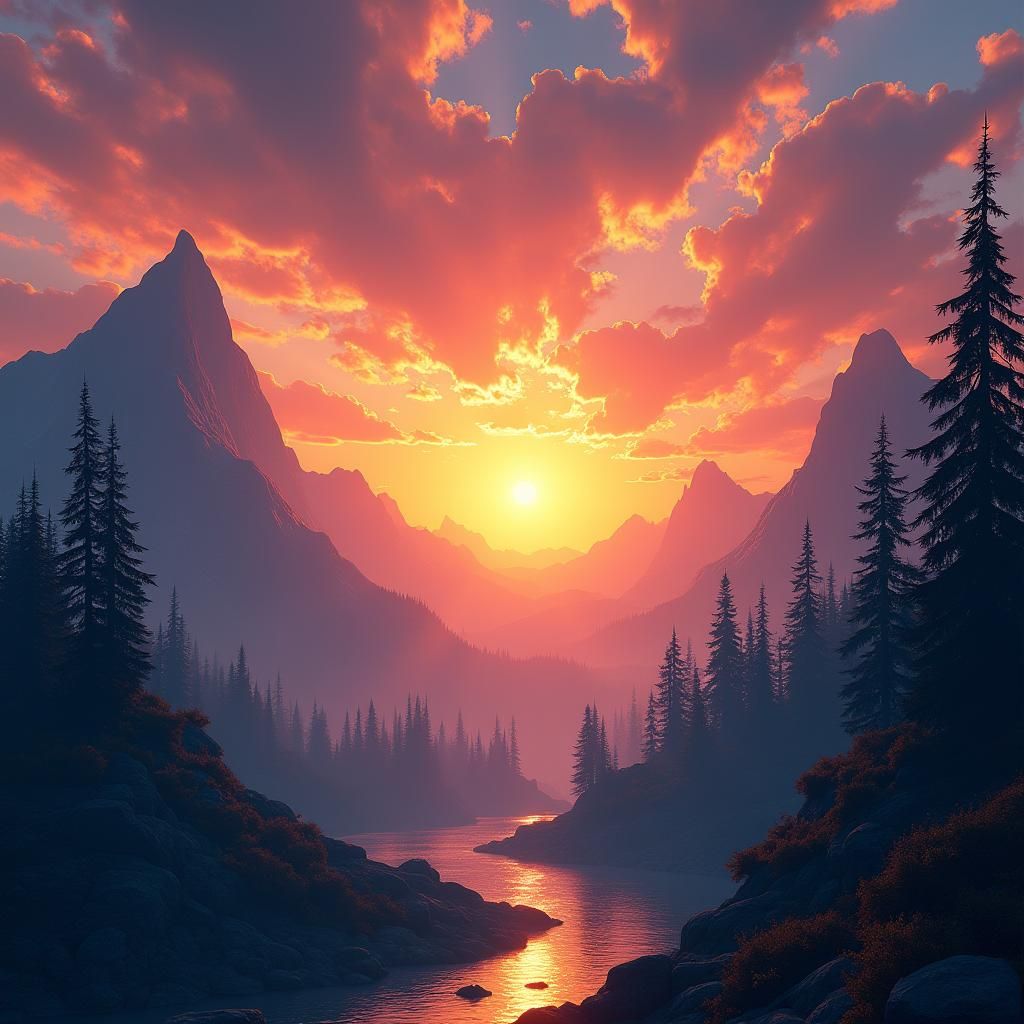 Fantasy Sunset Landscape in Atmospheric Matte Painting Style
