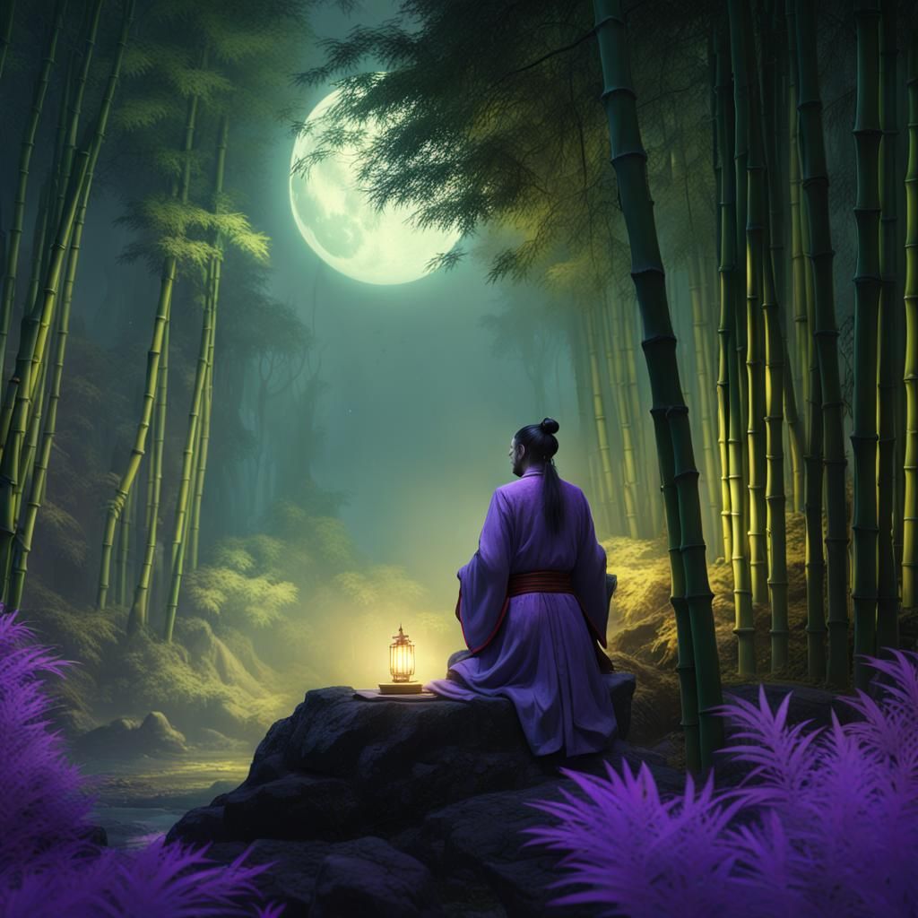 Chinese Poet Contemplates Bamboo Forest: Dark Fantasy Art