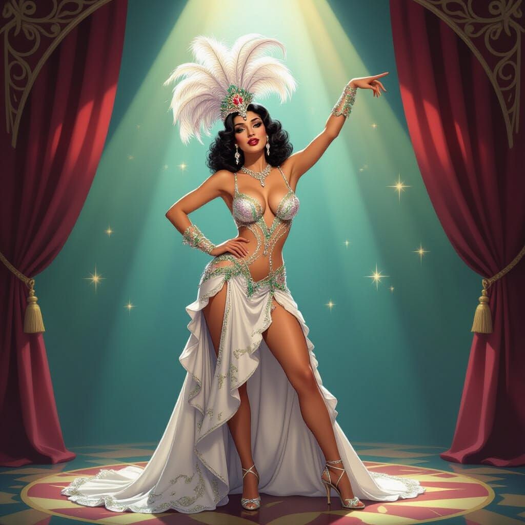 Glamorous Burlesque Showgirl in Jewel-Toned Spotlight