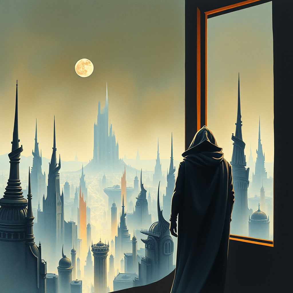 Alien City Moon Gaze in Gouache Impressionism