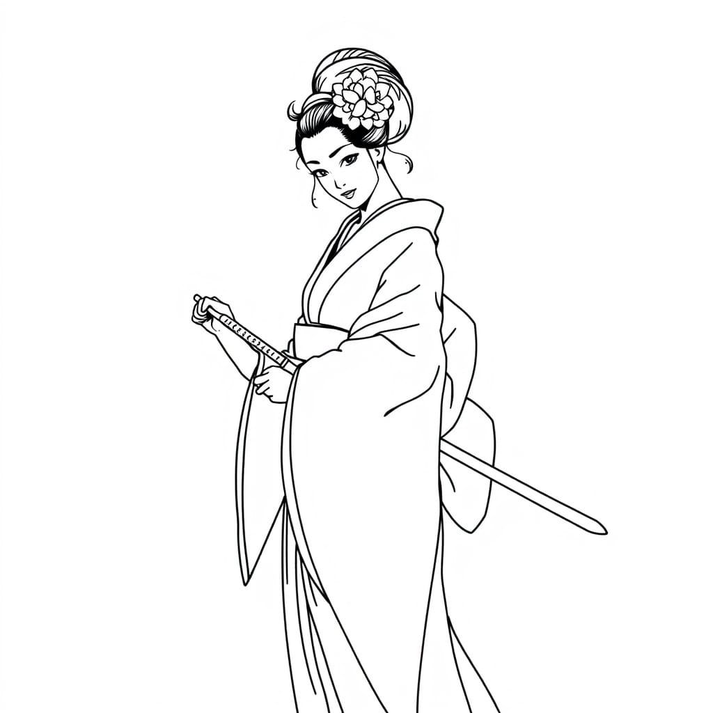 Traditional Japanese Geisha Wields a Sword in Monochrome