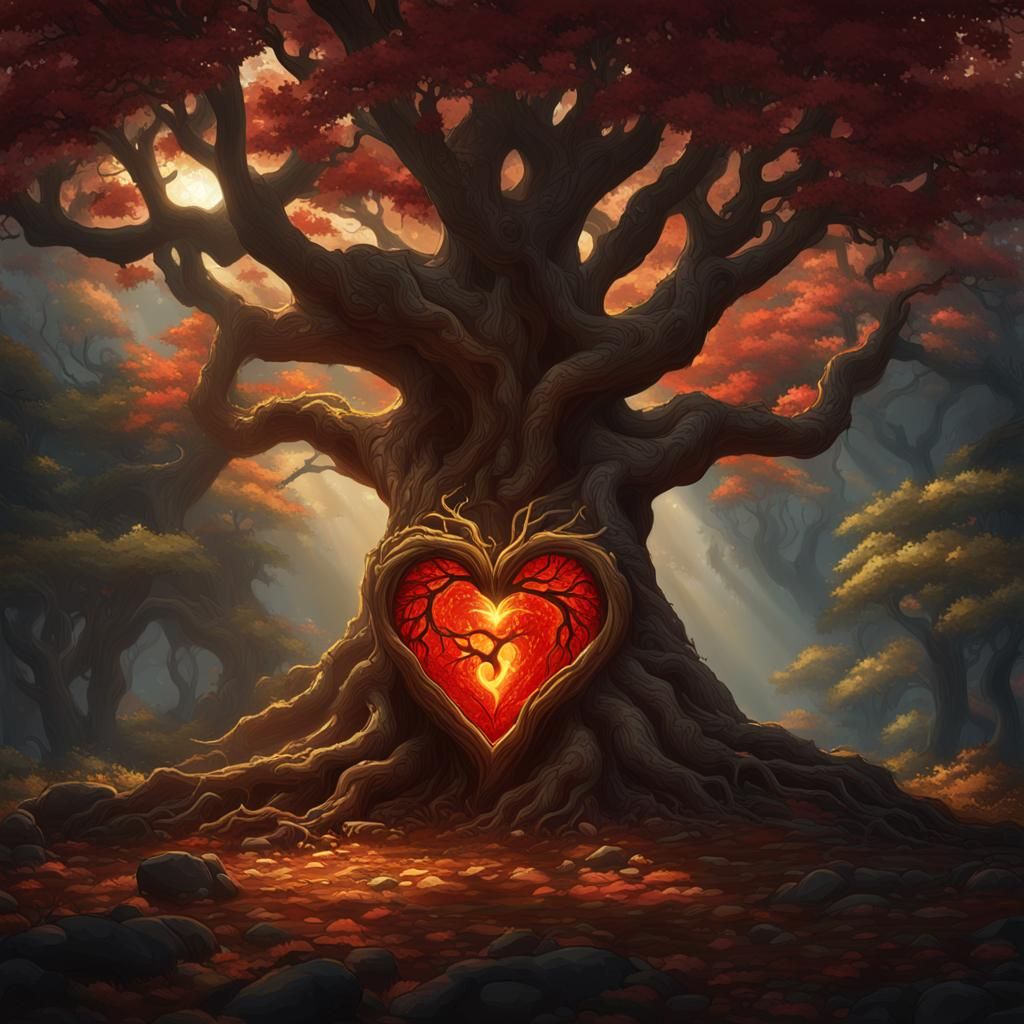 Glowing Heart Tree of Life: Dark Fantasy Art