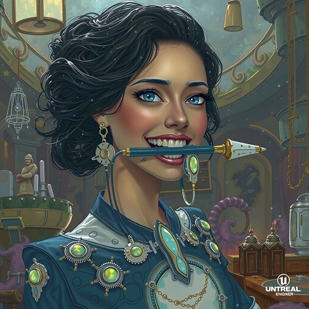 Person Speaks with Futuristic Vibration Device Amidst Swirli...