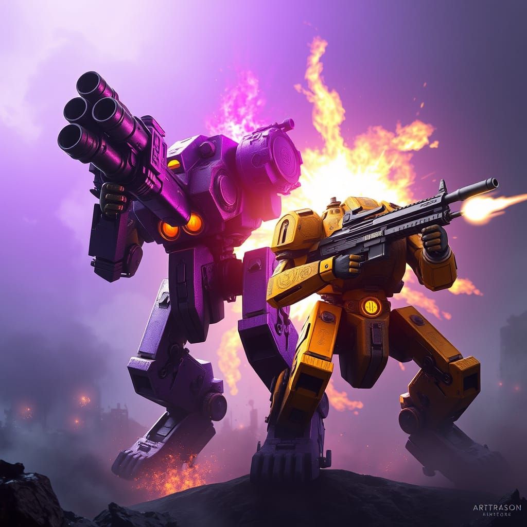 Mechs Engage in Epic, High-Contrast Battle with Intricate De...