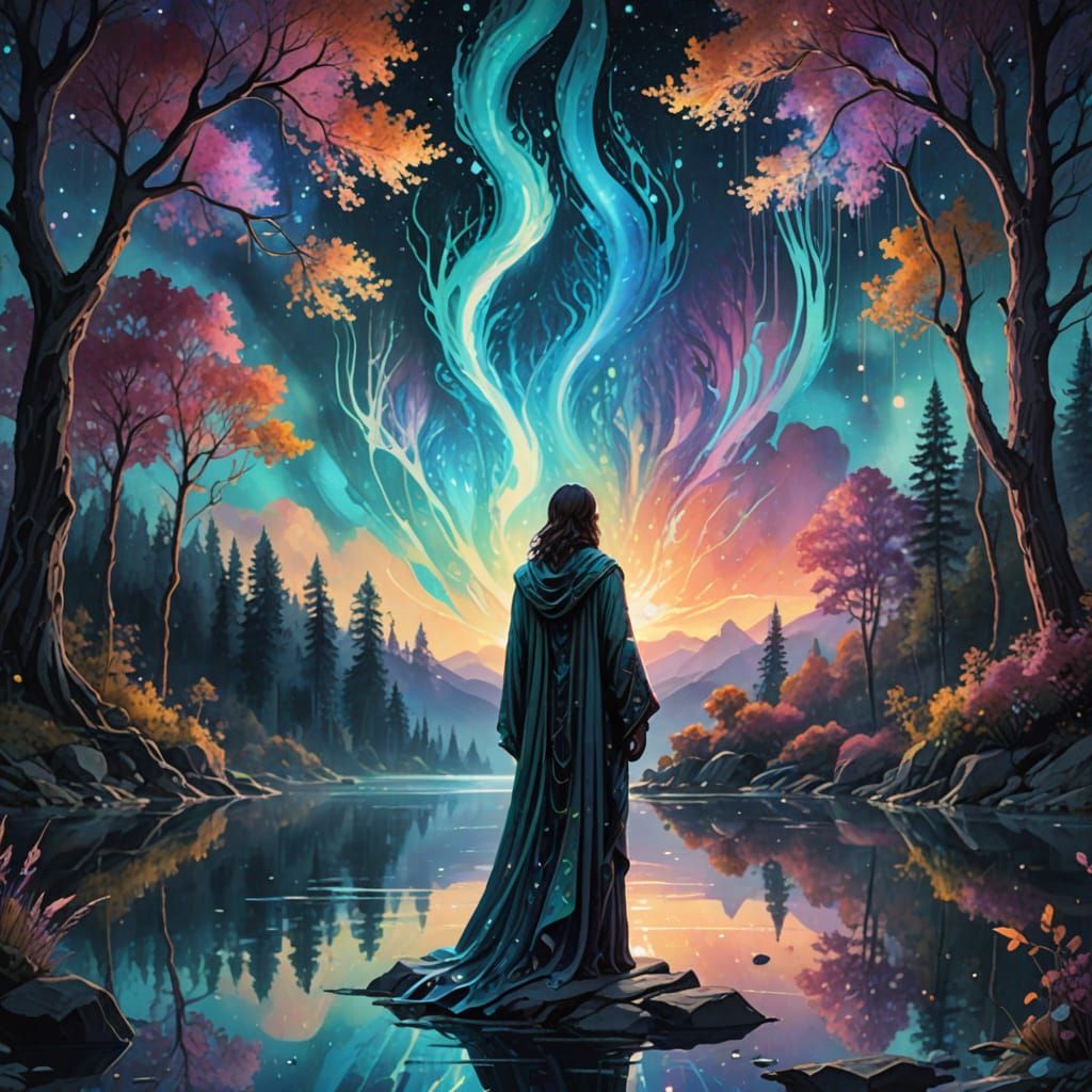Luminous Lake Scene in Whimsical Fantasy Style