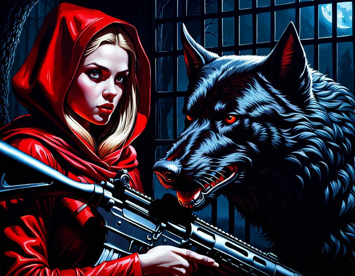 Red Riding Hood, the Hunter, with Caged Werewolf