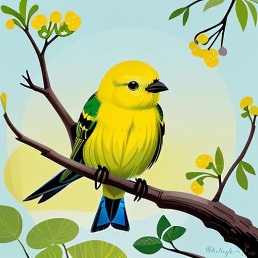 Whimsical Yellow Baby Bird Perched on Delicate Branch