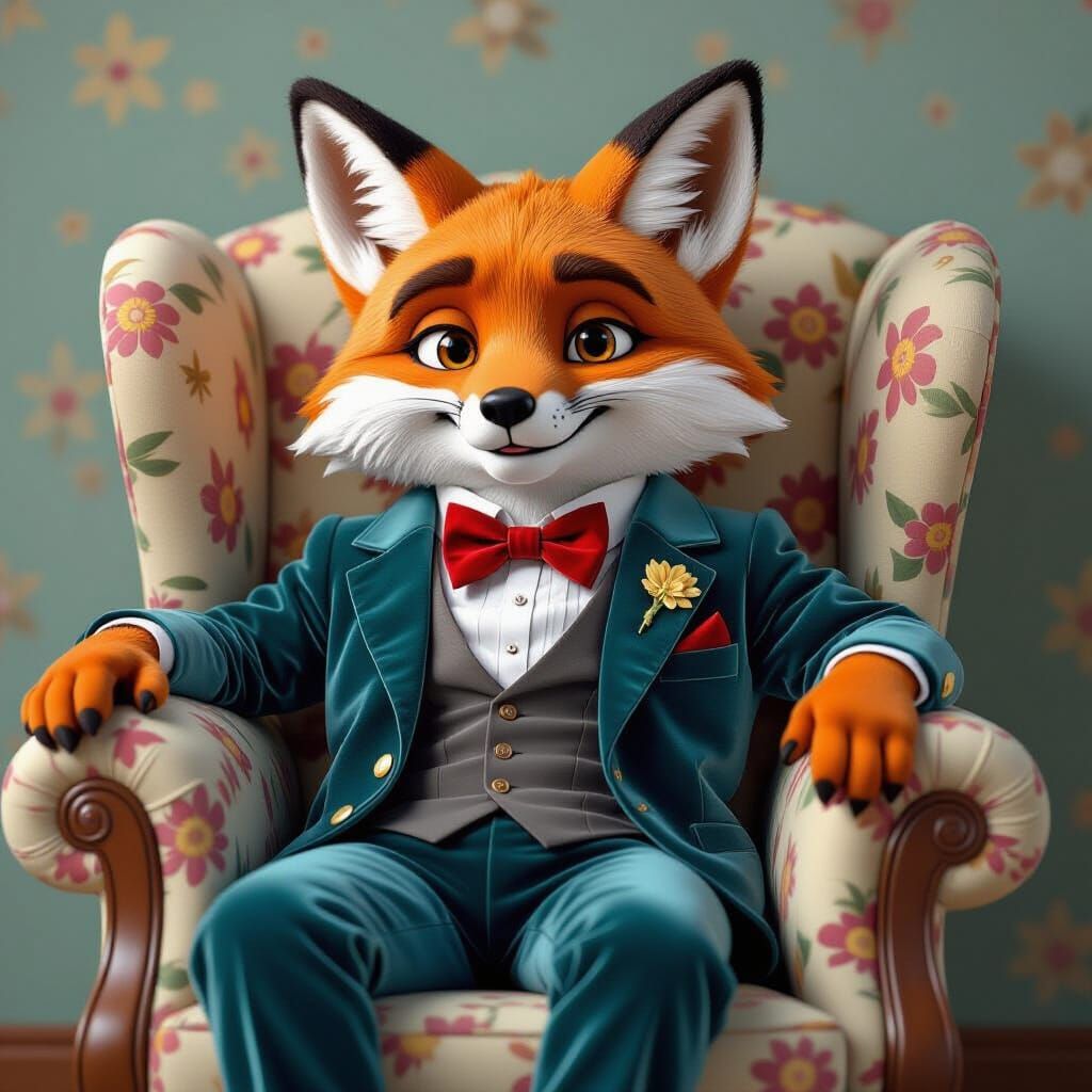 Anthropomorphic Fox in Velvet Suit Cartoon