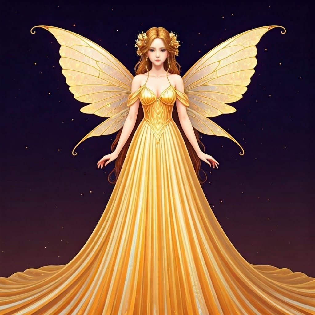 Fairy in Iridescent Gold Gown, Anime Style