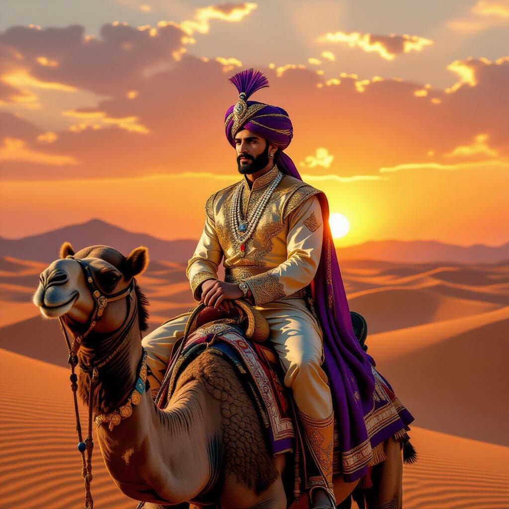 Prince of the Wadi on Camel at Sunset