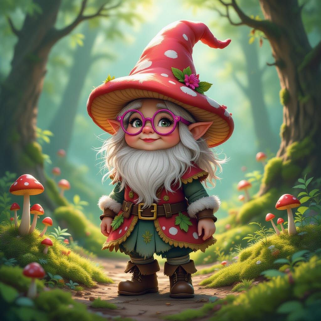 Whimsical Gnome in Mushroom Costume with Pink Glasses