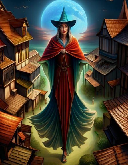Giant Witch Woman Walks Through Village in 3D