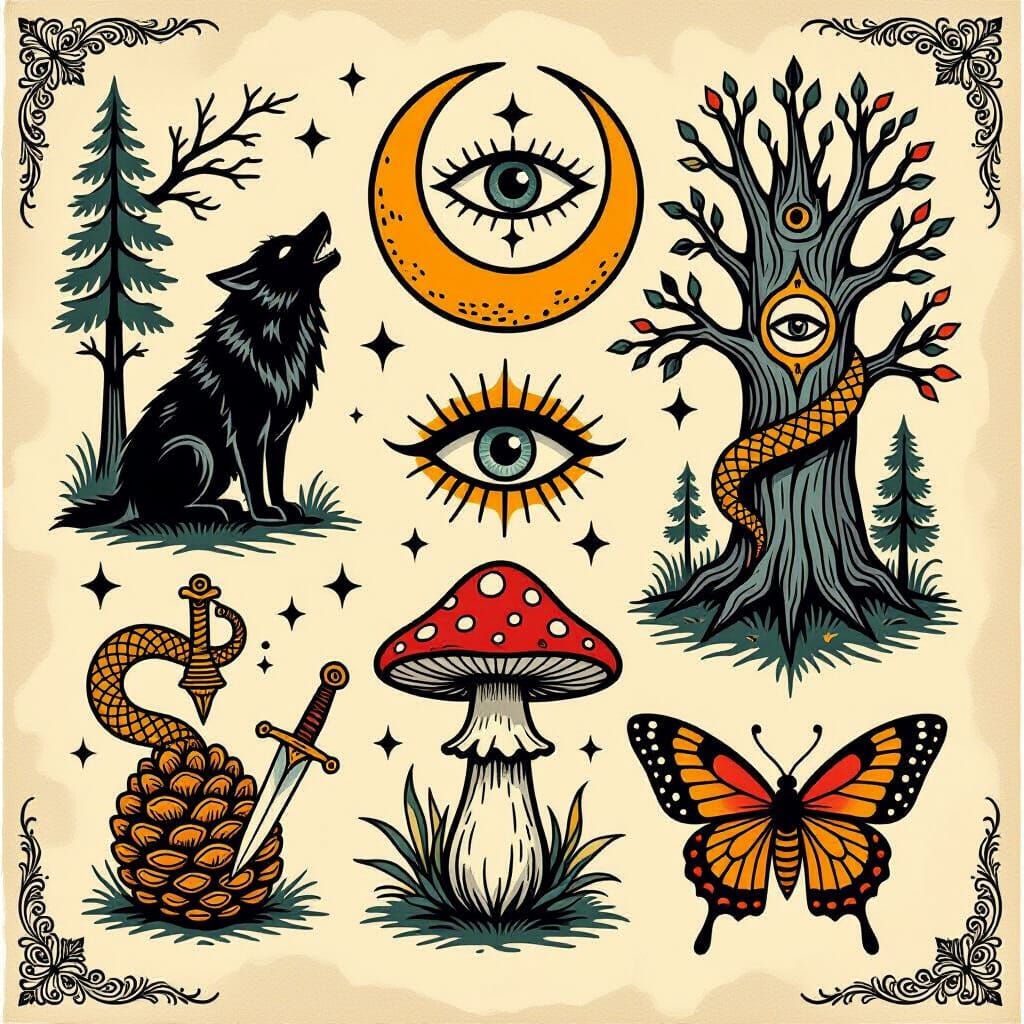 Mystical Forest Flash Tattoo Sheet in Traditional Style