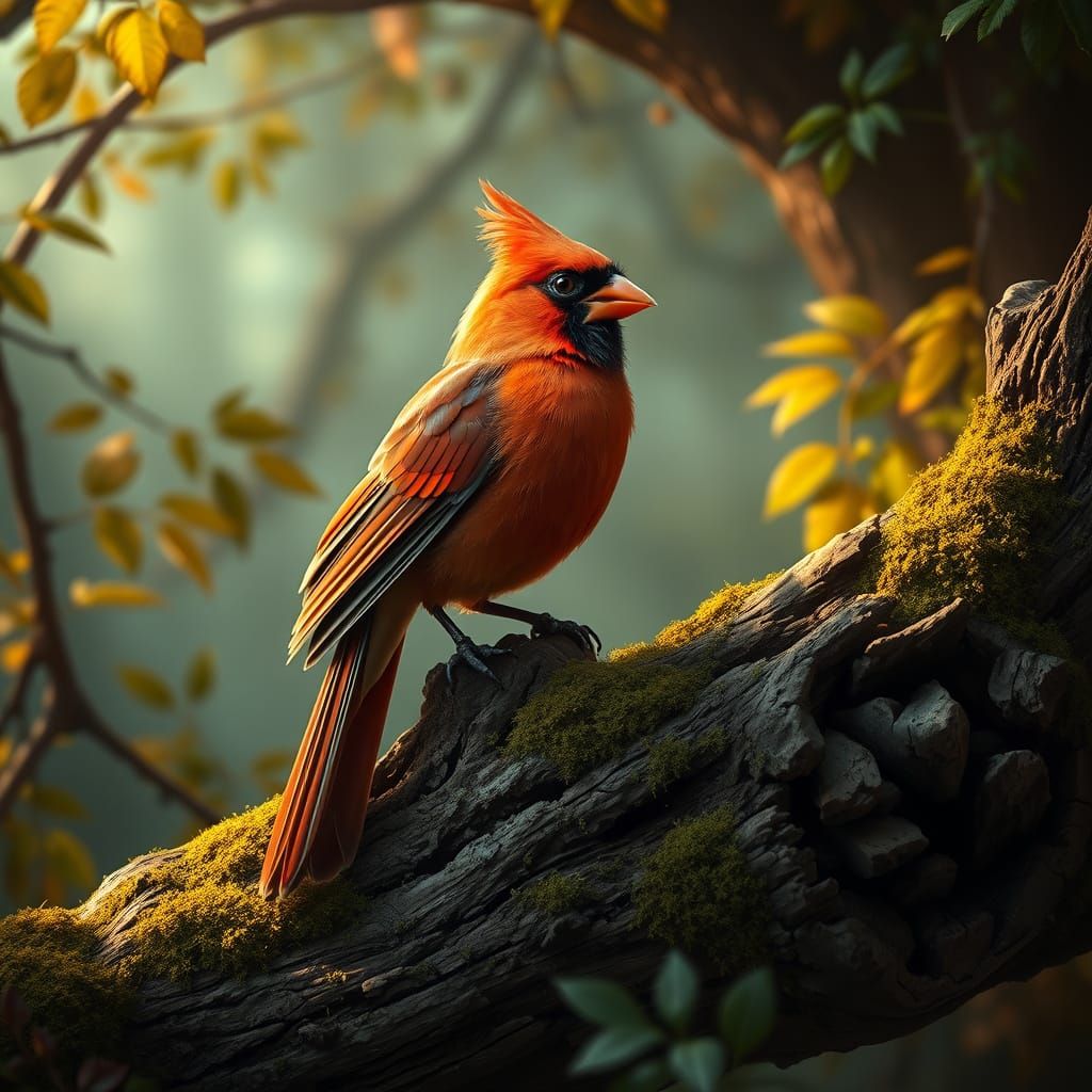 Majestic Cardinal in Vibrant Art Nouveau Landscape