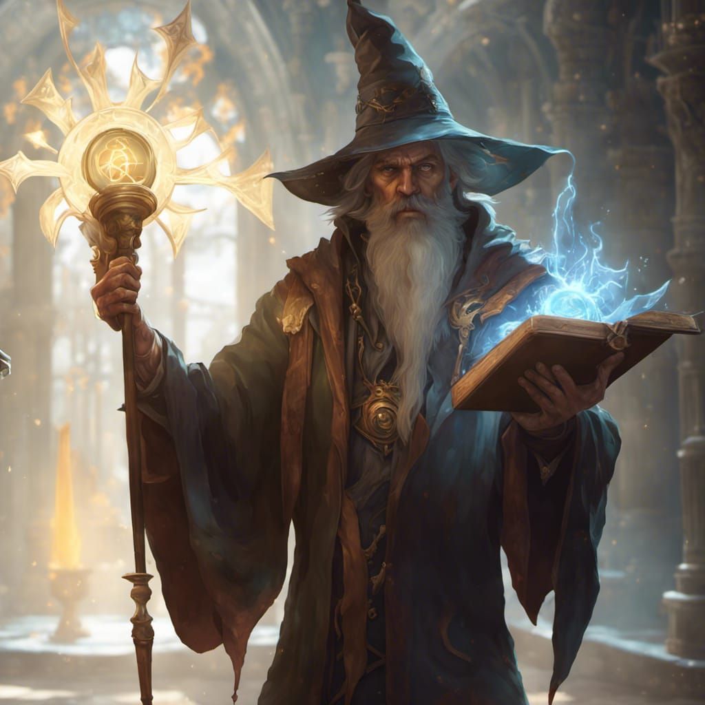 Wizard and Grimoire Portrait in Detailed Fantasy Art