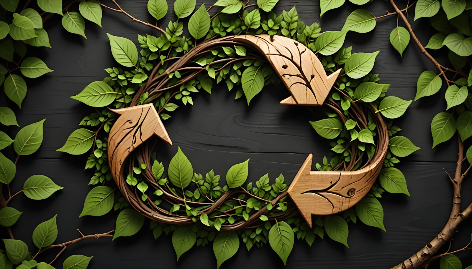 Wooden Recycle Symbol with Green Leaves