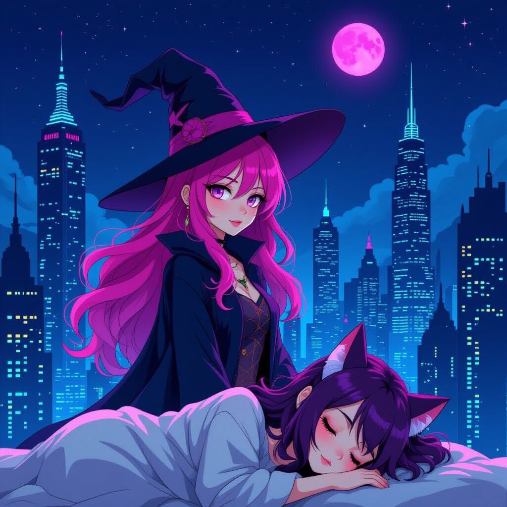 Mystical Anime Witch in Sci-Fi Cityscape