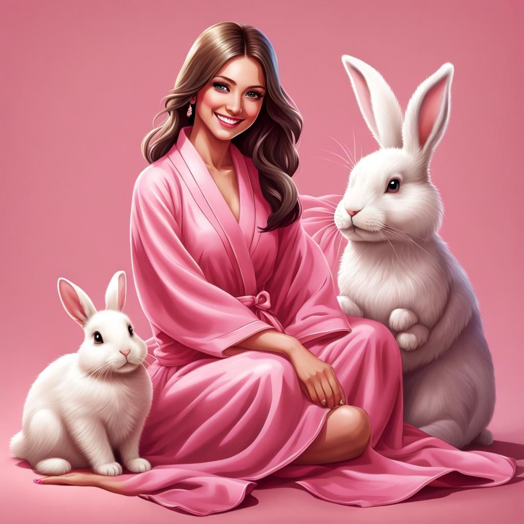 Woman in Pink Robe Smiling, Digital Art