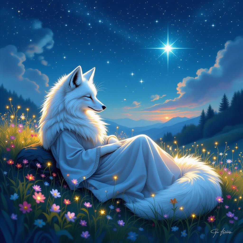 Mystical Fox in Enchanted Meadow at Night