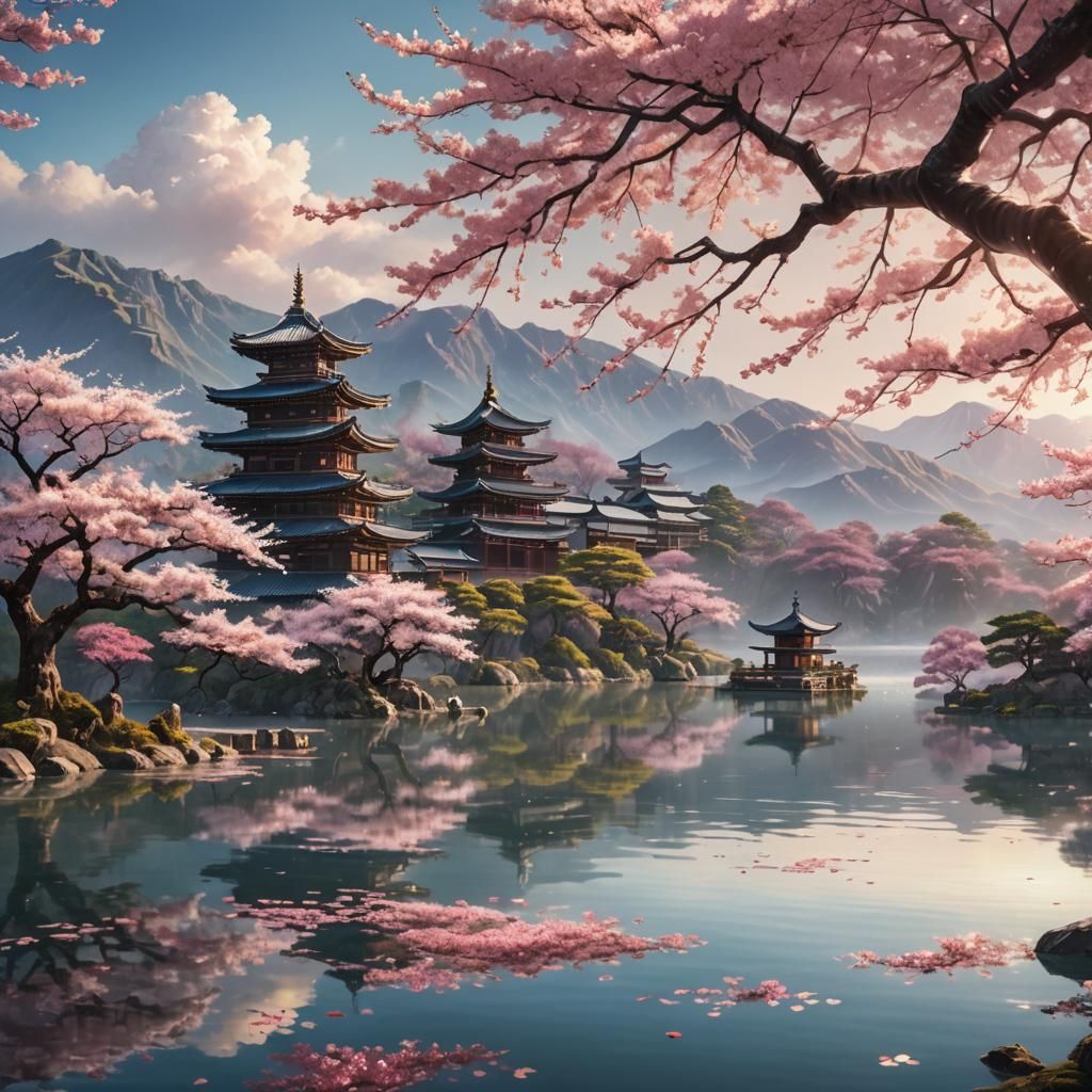 Sakura Tree by Lake: Digital Matte Painting