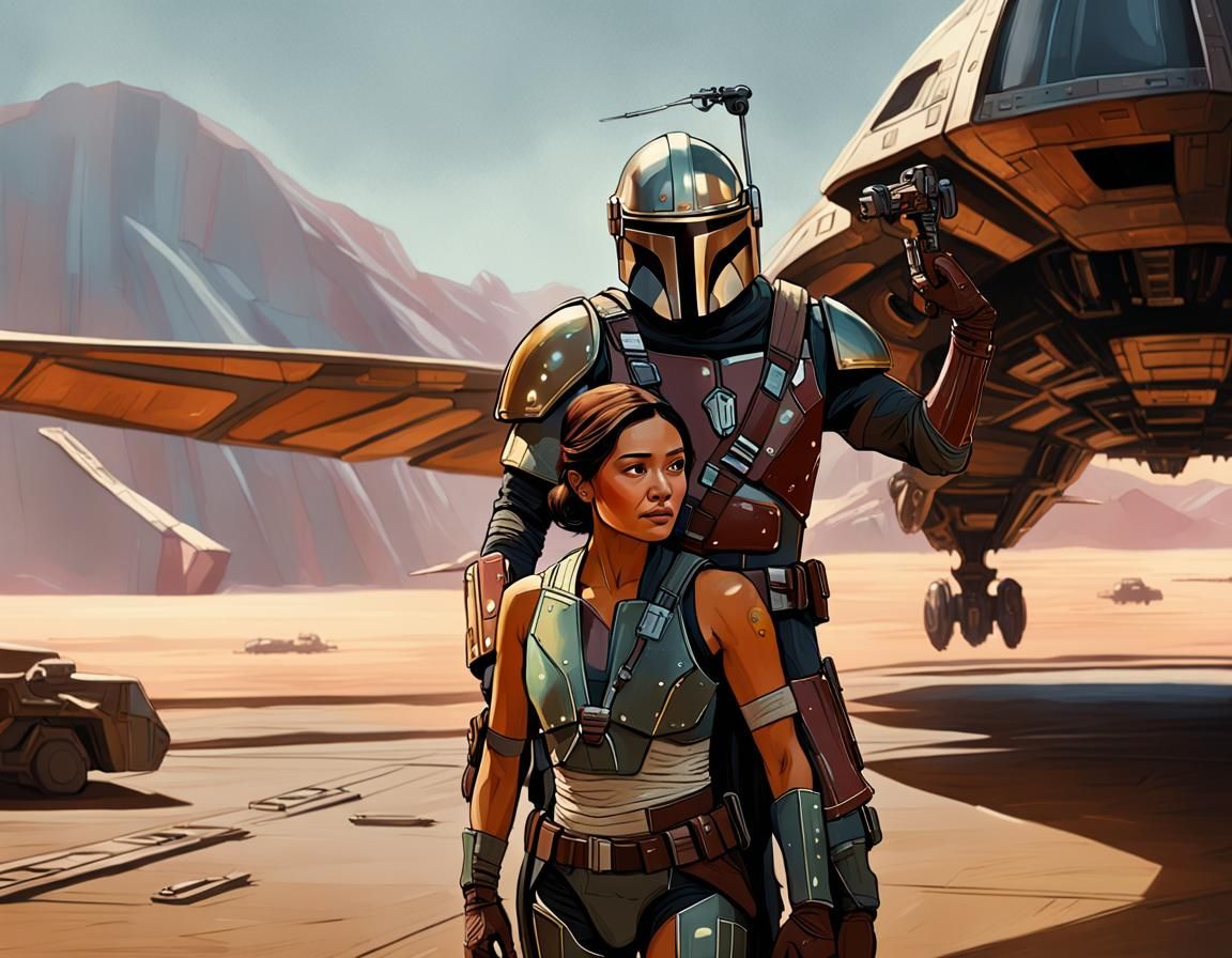 Mandalorian in Protective Embrace: Digital Concept Art
