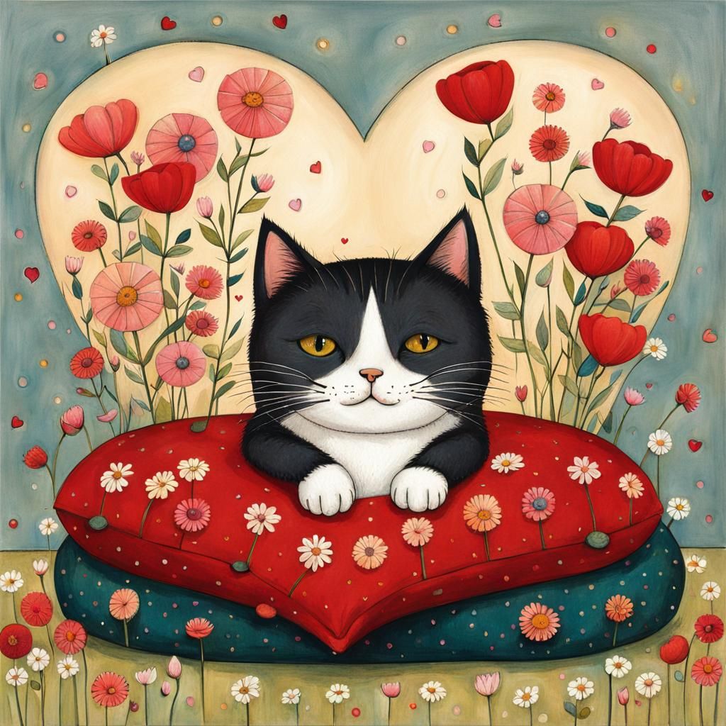 Cute Cat Surrounded by Flowers in Naive Art Style