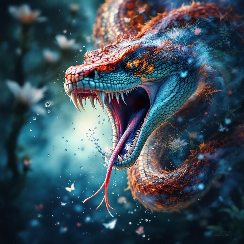 Double Exposure Snake Reveals Paradise, Watercolor Art