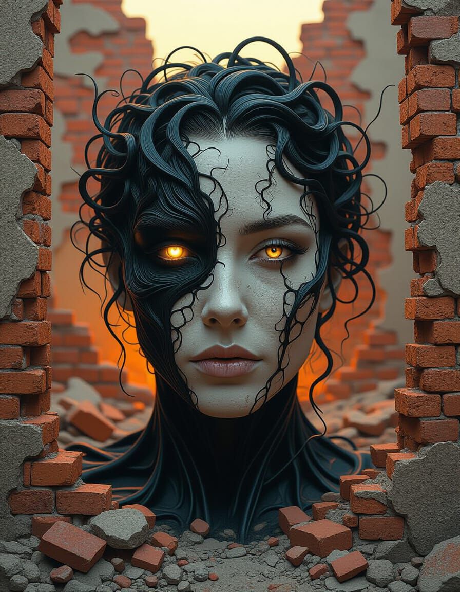 Surreal Face Amidst Ruins in Hyperrealistic Style