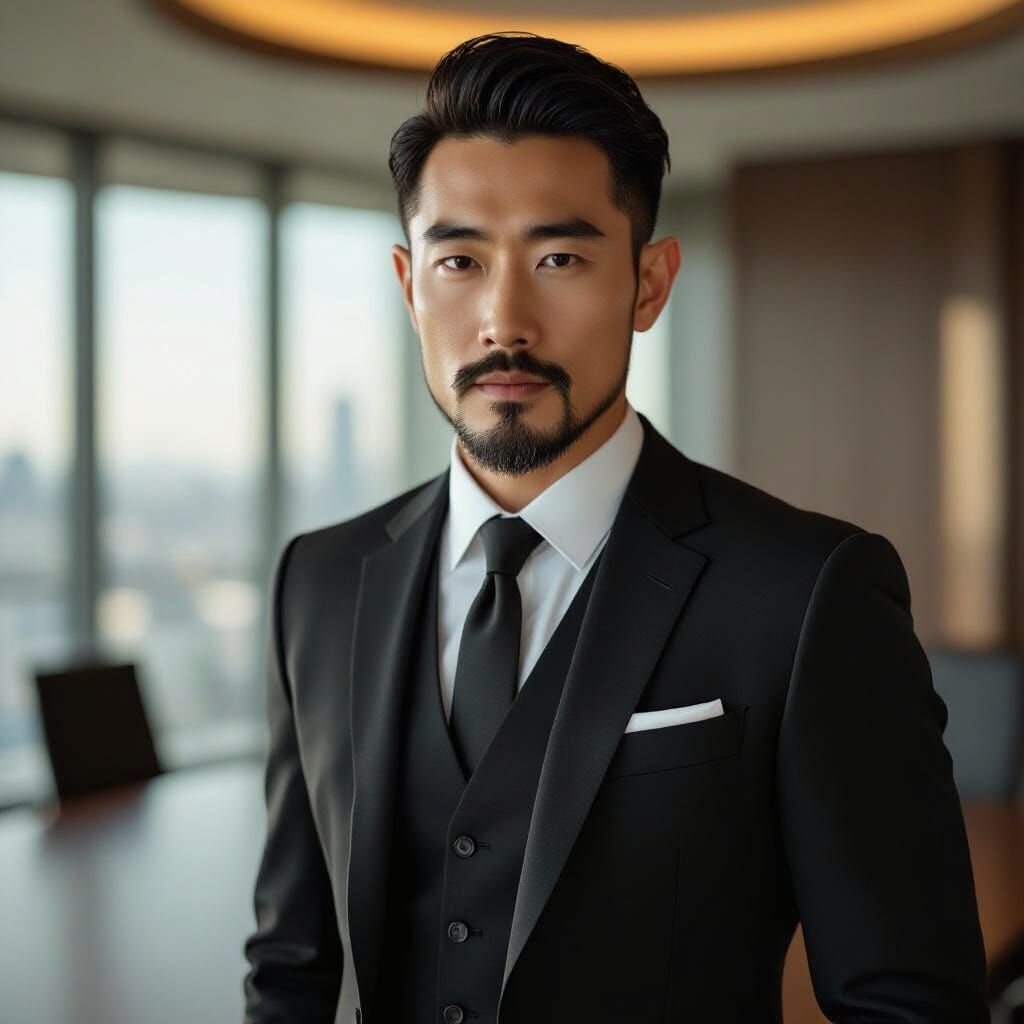 Elf-Eared Man in Suit in Sunlit Boardroom