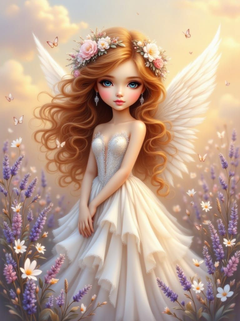 Red-Haired Girl in Dreamy Lavender Garden at Sunset