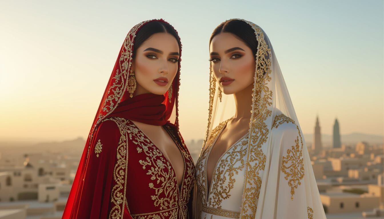 Elegant Arab Women in Haute Couture Cityscape