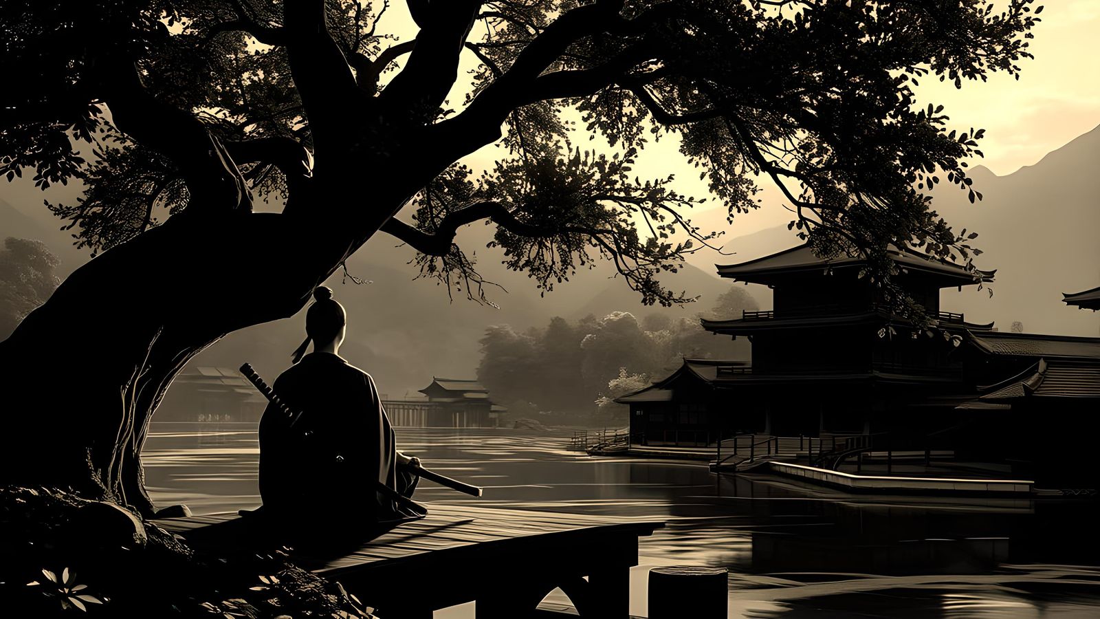 Meditating Samurai on Japanese Bridge, Dark Fantasy Art