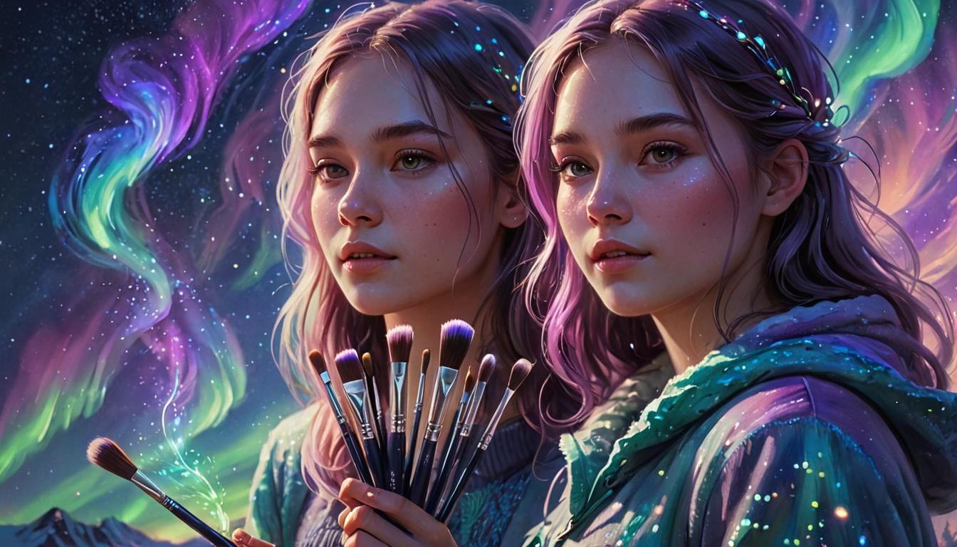 Girl Paints Northern Lights with Shimmering Brushes