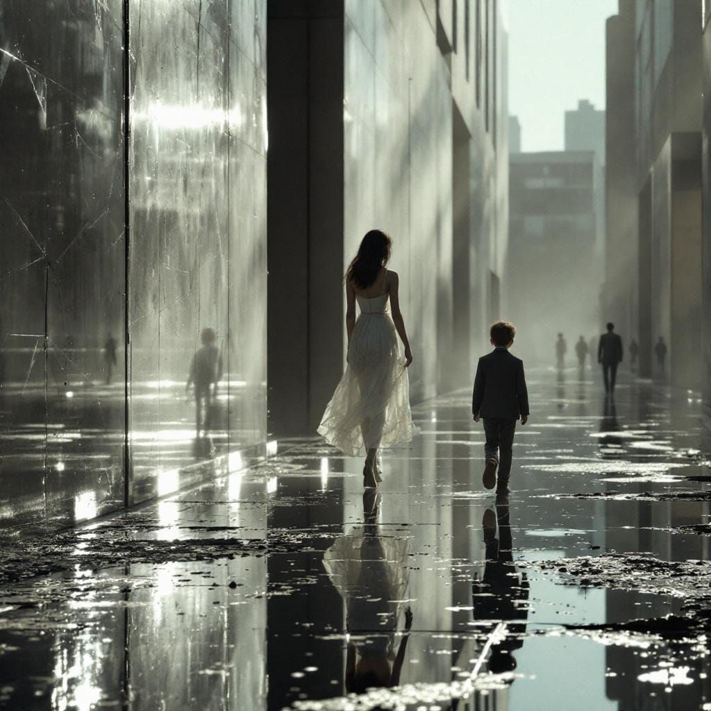 Hyperrealistic Woman on Quiet Street in Reflective Style