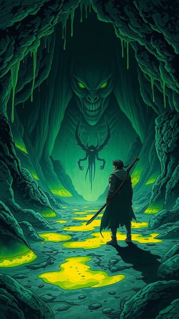 Warrior Faces Monster in Dark Fantasy Cavern