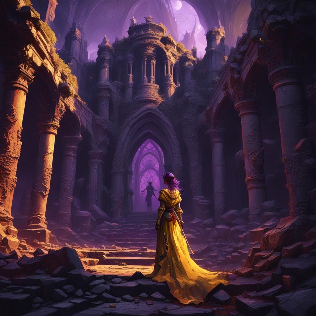 Blood Girl in Dark Fantasy Ruins: Digital Art