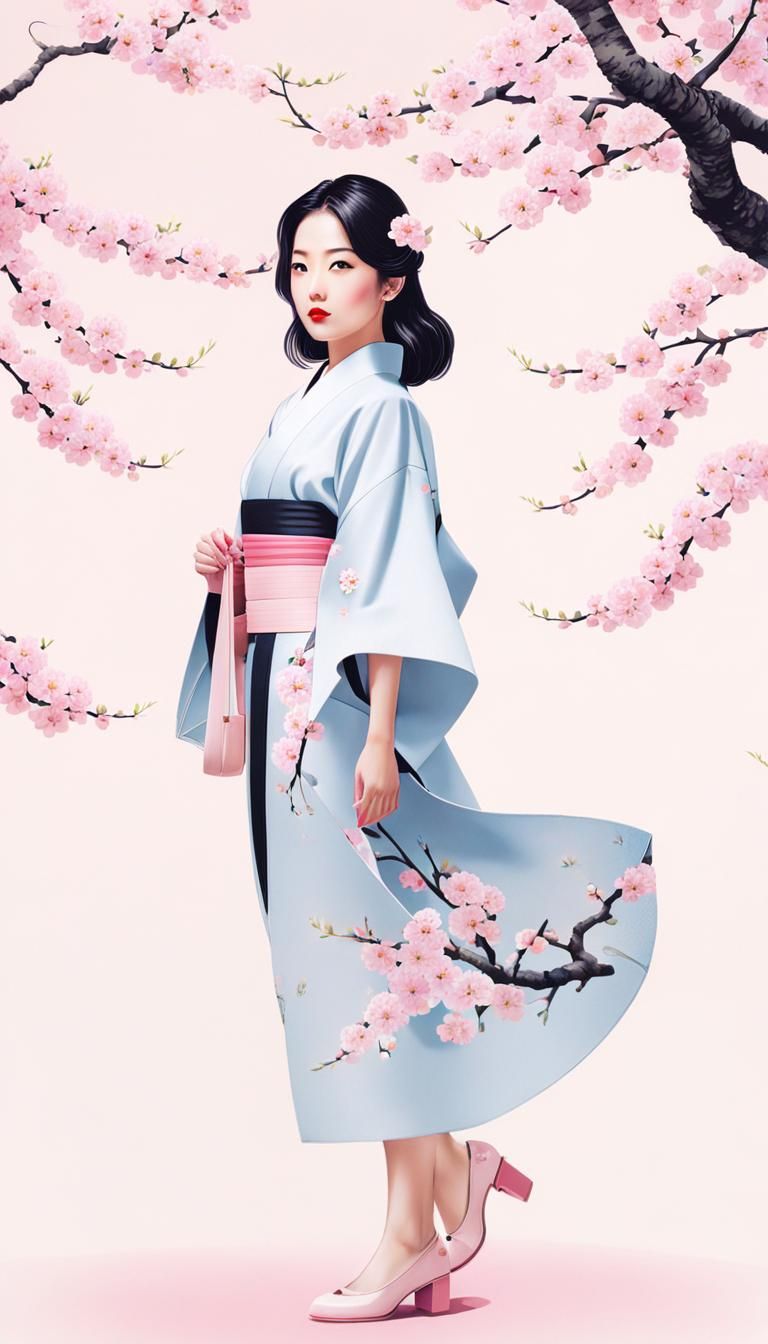 Minimalist Japanese Ink Painting of Kimono Woman